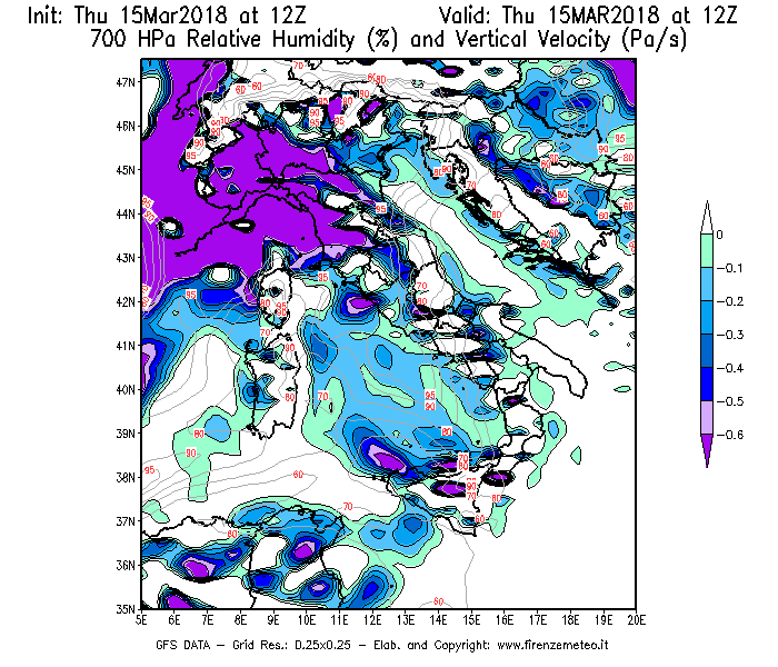 Mappa di analisi GFS - Umidità relativa [%] e Omega [Pa/s] a 700 hPa in Italia
									del 15/03/2018 12 <!--googleoff: index-->UTC<!--googleon: index-->