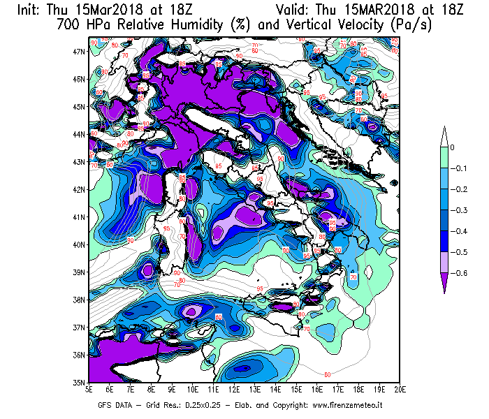 Mappa di analisi GFS - Umidità relativa [%] e Omega [Pa/s] a 700 hPa in Italia
							del 15/03/2018 18 <!--googleoff: index-->UTC<!--googleon: index-->