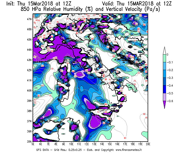 Mappa di analisi GFS - Umidità relativa [%] e Omega [Pa/s] a 850 hPa in Italia
									del 15/03/2018 12 <!--googleoff: index-->UTC<!--googleon: index-->
