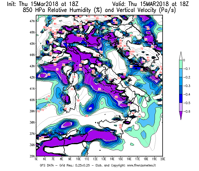 Mappa di analisi GFS - Umidità relativa [%] e Omega [Pa/s] a 850 hPa in Italia
									del 15/03/2018 18 <!--googleoff: index-->UTC<!--googleon: index-->