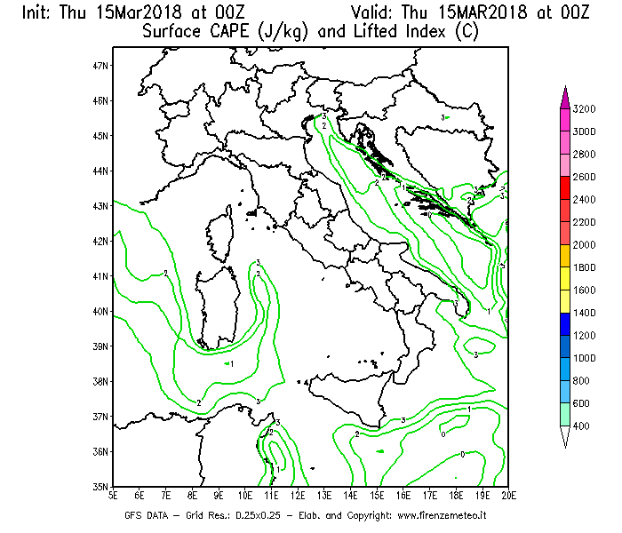 Mappa di analisi GFS - CAPE [J/kg] e Lifted Index [°C] in Italia
									del 15/03/2018 00 <!--googleoff: index-->UTC<!--googleon: index-->