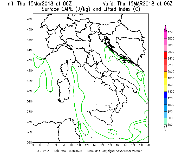 Mappa di analisi GFS - CAPE [J/kg] e Lifted Index [°C] in Italia
									del 15/03/2018 06 <!--googleoff: index-->UTC<!--googleon: index-->
