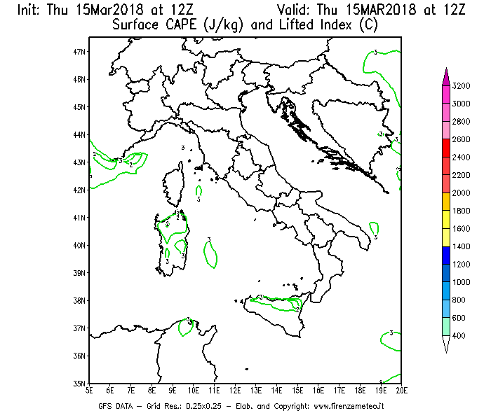 Mappa di analisi GFS - CAPE [J/kg] e Lifted Index [°C] in Italia
							del 15/03/2018 12 <!--googleoff: index-->UTC<!--googleon: index-->