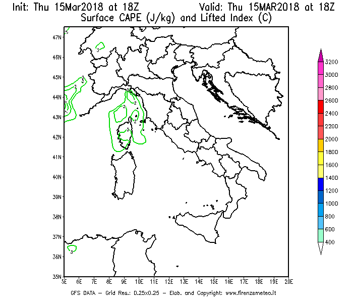 Mappa di analisi GFS - CAPE [J/kg] e Lifted Index [°C] in Italia
							del 15/03/2018 18 <!--googleoff: index-->UTC<!--googleon: index-->
