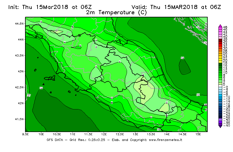 Mappa di analisi GFS - Temperatura a 2 metri dal suolo [°C] in Centro-Italia
									del 15/03/2018 06 <!--googleoff: index-->UTC<!--googleon: index-->
