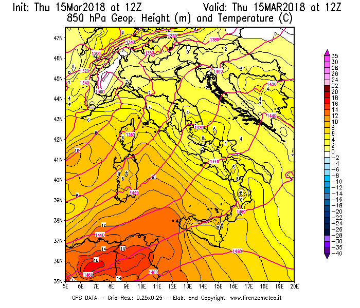 Mappa di analisi GFS - Geopotenziale [m] e Temperatura [°C] a 850 hPa in Italia
									del 15/03/2018 12 <!--googleoff: index-->UTC<!--googleon: index-->