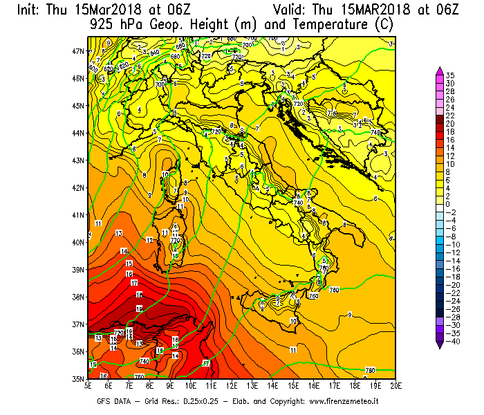 Mappa di analisi GFS - Geopotenziale [m] e Temperatura [°C] a 925 hPa in Italia
							del 15/03/2018 06 <!--googleoff: index-->UTC<!--googleon: index-->