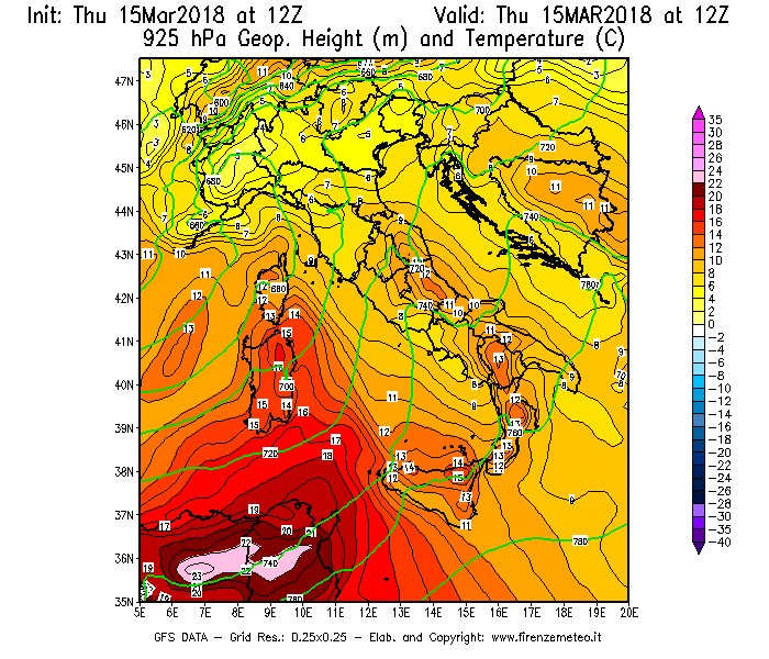Mappa di analisi GFS - Geopotenziale [m] e Temperatura [°C] a 925 hPa in Italia
							del 15/03/2018 12 <!--googleoff: index-->UTC<!--googleon: index-->