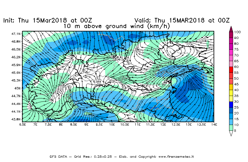 Mappa di analisi GFS - Velocità del vento a 10 metri dal suolo [km/h] in Nord-Italia
							del 15/03/2018 00 <!--googleoff: index-->UTC<!--googleon: index-->