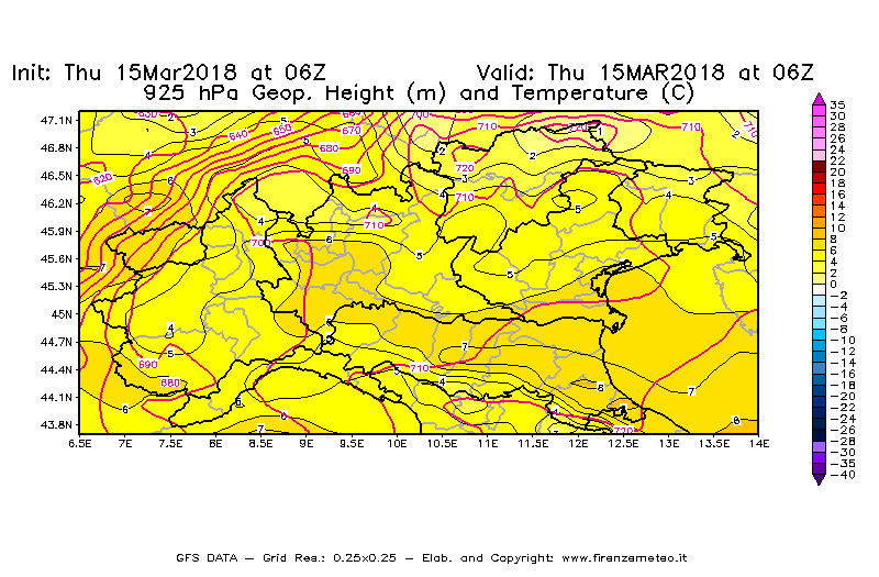Mappa di analisi GFS - Geopotenziale [m] e Temperatura [°C] a 925 hPa in Nord-Italia
							del 15/03/2018 06 <!--googleoff: index-->UTC<!--googleon: index-->