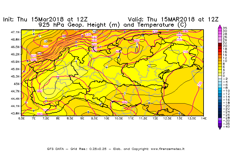 Mappa di analisi GFS - Geopotenziale [m] e Temperatura [°C] a 925 hPa in Nord-Italia
									del 15/03/2018 12 <!--googleoff: index-->UTC<!--googleon: index-->