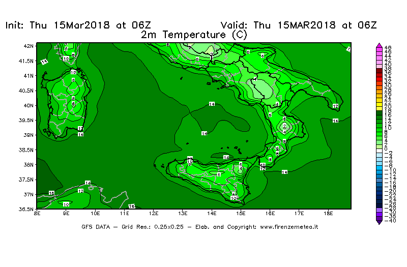 Mappa di analisi GFS - Temperatura a 2 metri dal suolo [°C] in Sud-Italia
									del 15/03/2018 06 <!--googleoff: index-->UTC<!--googleon: index-->