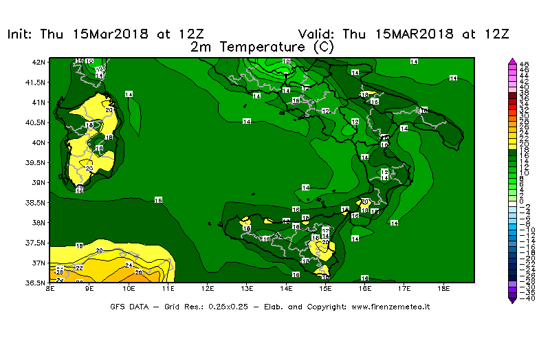 Mappa di analisi GFS - Temperatura a 2 metri dal suolo [°C] in Sud-Italia
							del 15/03/2018 12 <!--googleoff: index-->UTC<!--googleon: index-->