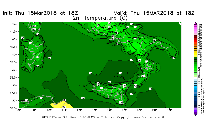 Mappa di analisi GFS - Temperatura a 2 metri dal suolo [°C] in Sud-Italia
									del 15/03/2018 18 <!--googleoff: index-->UTC<!--googleon: index-->