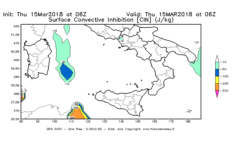 Mappa di analisi GFS - CIN [J/kg] in Sud-Italia
							del 15/03/2018 06 <!--googleoff: index-->UTC<!--googleon: index-->