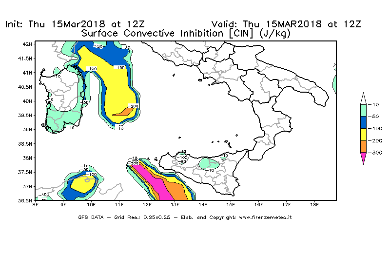 Mappa di analisi GFS - CIN [J/kg] in Sud-Italia
							del 15/03/2018 12 <!--googleoff: index-->UTC<!--googleon: index-->