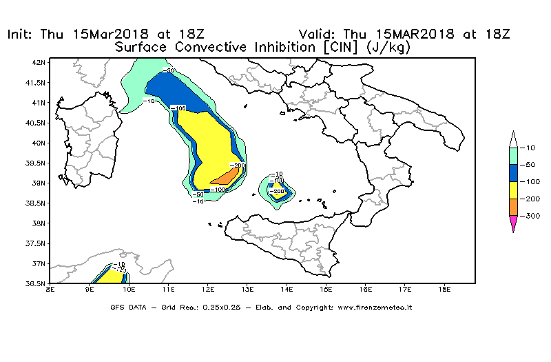 Mappa di analisi GFS - CIN [J/kg] in Sud-Italia
							del 15/03/2018 18 <!--googleoff: index-->UTC<!--googleon: index-->