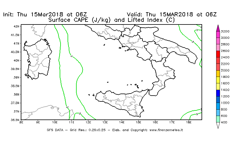 Mappa di analisi GFS - CAPE [J/kg] e Lifted Index [°C] in Sud-Italia
							del 15/03/2018 06 <!--googleoff: index-->UTC<!--googleon: index-->
