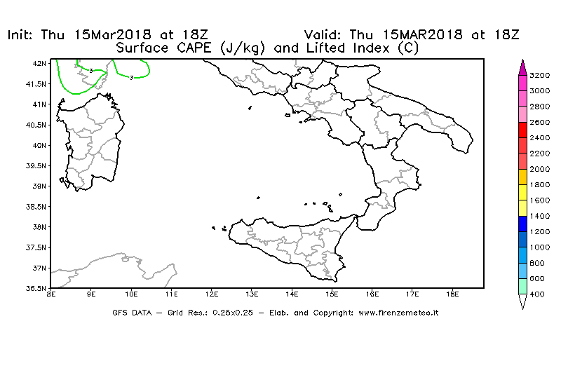 Mappa di analisi GFS - CAPE [J/kg] e Lifted Index [°C] in Sud-Italia
							del 15/03/2018 18 <!--googleoff: index-->UTC<!--googleon: index-->