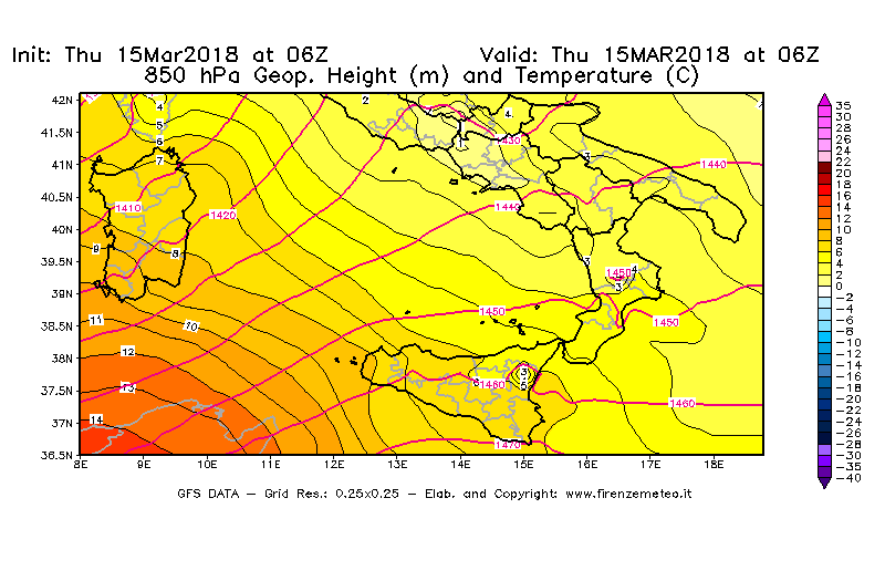 Mappa di analisi GFS - Geopotenziale [m] e Temperatura [°C] a 850 hPa in Sud-Italia
							del 15/03/2018 06 <!--googleoff: index-->UTC<!--googleon: index-->