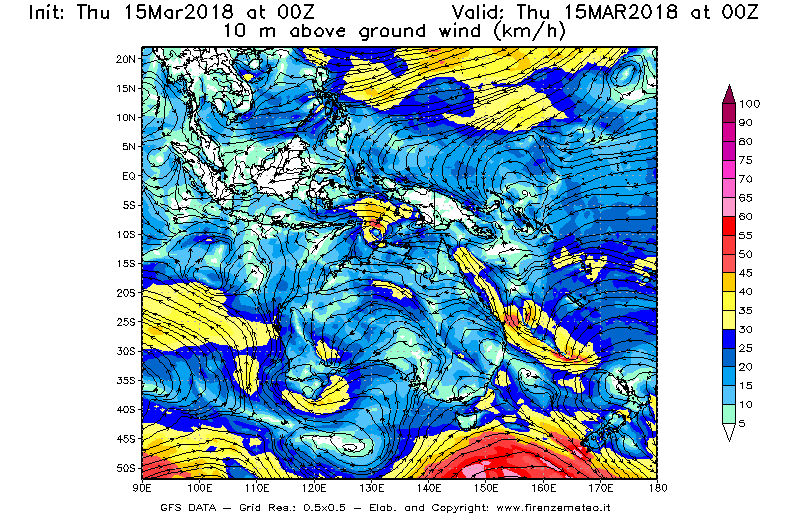Mappa di analisi GFS - Velocità del vento a 10 metri dal suolo [km/h] in Oceania
									del 15/03/2018 00 <!--googleoff: index-->UTC<!--googleon: index-->