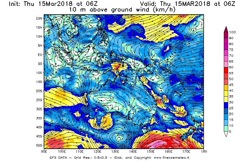 Mappa di analisi GFS - Velocità del vento a 10 metri dal suolo [km/h] in Oceania
									del 15/03/2018 06 <!--googleoff: index-->UTC<!--googleon: index-->