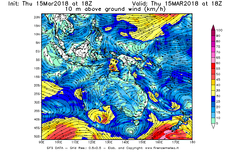 Mappa di analisi GFS - Velocità del vento a 10 metri dal suolo [km/h] in Oceania
									del 15/03/2018 18 <!--googleoff: index-->UTC<!--googleon: index-->