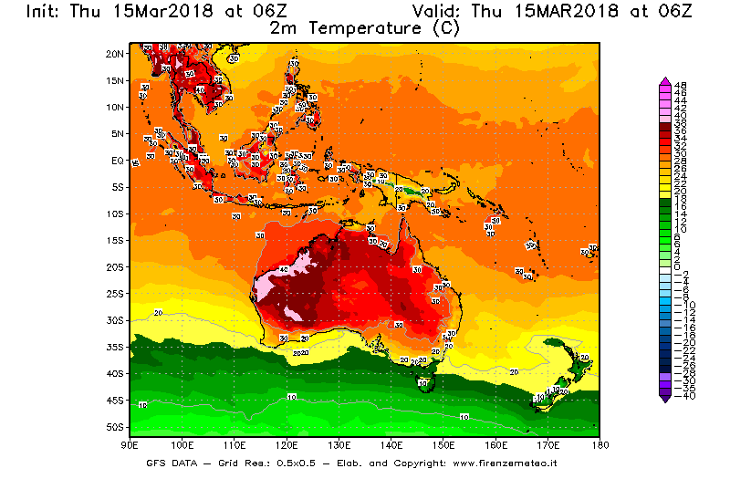Mappa di analisi GFS - Temperatura a 2 metri dal suolo [°C] in Oceania
							del 15/03/2018 06 <!--googleoff: index-->UTC<!--googleon: index-->