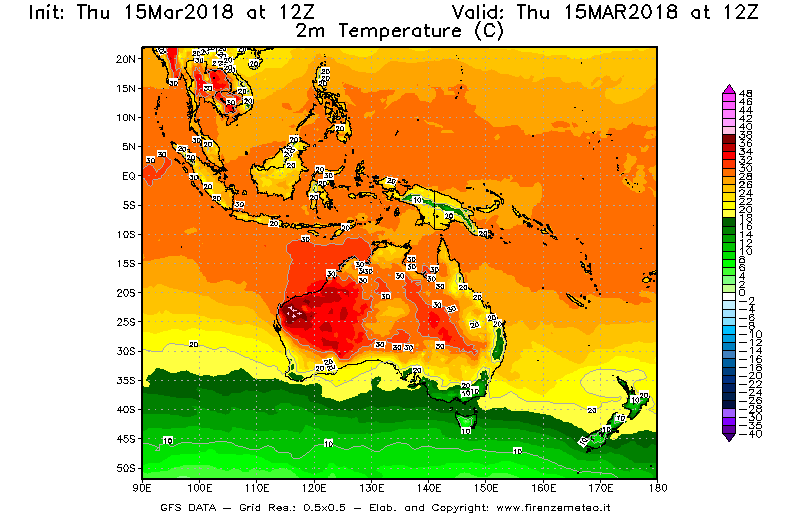 Mappa di analisi GFS - Temperatura a 2 metri dal suolo [°C] in Oceania
							del 15/03/2018 12 <!--googleoff: index-->UTC<!--googleon: index-->