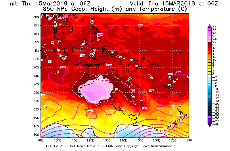 Mappa di analisi GFS - Geopotenziale [m] e Temperatura [°C] a 850 hPa in Oceania
							del 15/03/2018 06 <!--googleoff: index-->UTC<!--googleon: index-->
