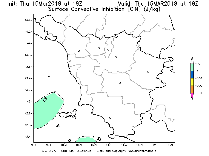 Mappa di analisi GFS - CIN [J/kg] in Toscana
							del 15/03/2018 18 <!--googleoff: index-->UTC<!--googleon: index-->