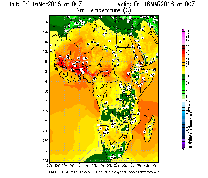 Mappa di analisi GFS - Temperatura a 2 metri dal suolo [°C] in Africa
									del 16/03/2018 00 <!--googleoff: index-->UTC<!--googleon: index-->