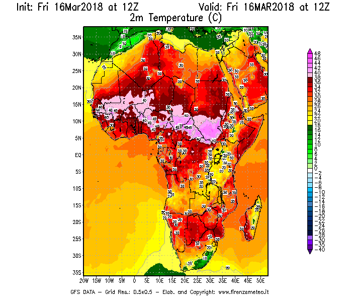 Mappa di analisi GFS - Temperatura a 2 metri dal suolo [°C] in Africa
									del 16/03/2018 12 <!--googleoff: index-->UTC<!--googleon: index-->
