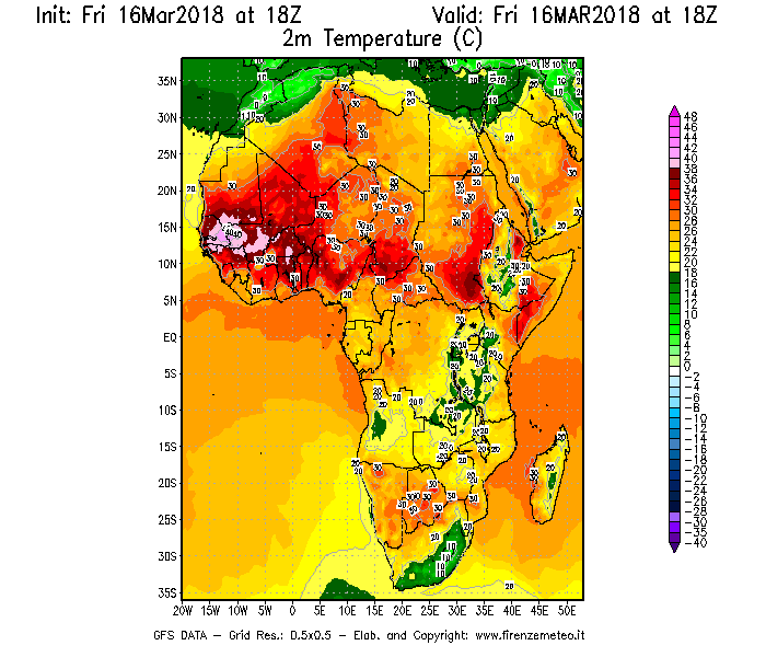Mappa di analisi GFS - Temperatura a 2 metri dal suolo [°C] in Africa
									del 16/03/2018 18 <!--googleoff: index-->UTC<!--googleon: index-->