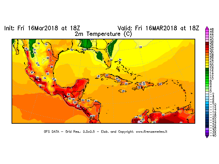 Mappa di analisi GFS - Temperatura a 2 metri dal suolo [°C] in Centro-America
									del 16/03/2018 18 <!--googleoff: index-->UTC<!--googleon: index-->