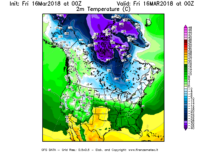Mappa di analisi GFS - Temperatura a 2 metri dal suolo [°C] in Nord-America
									del 16/03/2018 00 <!--googleoff: index-->UTC<!--googleon: index-->