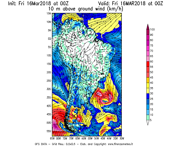 Mappa di analisi GFS - Velocità del vento a 10 metri dal suolo [km/h] in Sud-America
									del 16/03/2018 00 <!--googleoff: index-->UTC<!--googleon: index-->
