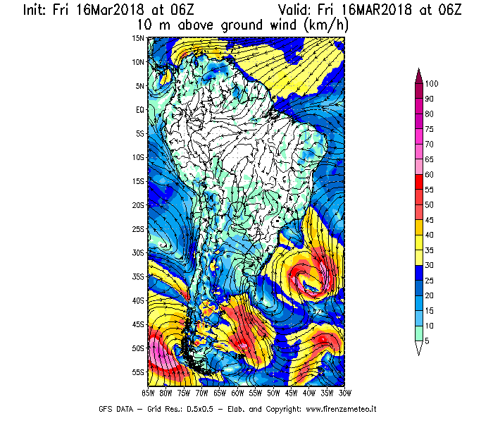 Mappa di analisi GFS - Velocità del vento a 10 metri dal suolo [km/h] in Sud-America
									del 16/03/2018 06 <!--googleoff: index-->UTC<!--googleon: index-->