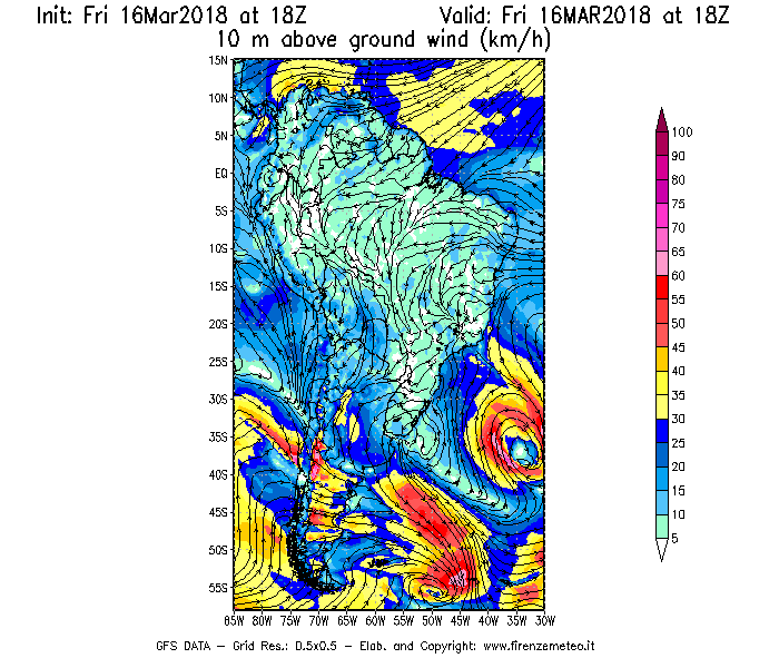 Mappa di analisi GFS - Velocità del vento a 10 metri dal suolo [km/h] in Sud-America
									del 16/03/2018 18 <!--googleoff: index-->UTC<!--googleon: index-->