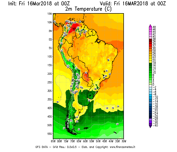 Mappa di analisi GFS - Temperatura a 2 metri dal suolo [°C] in Sud-America
									del 16/03/2018 00 <!--googleoff: index-->UTC<!--googleon: index-->
