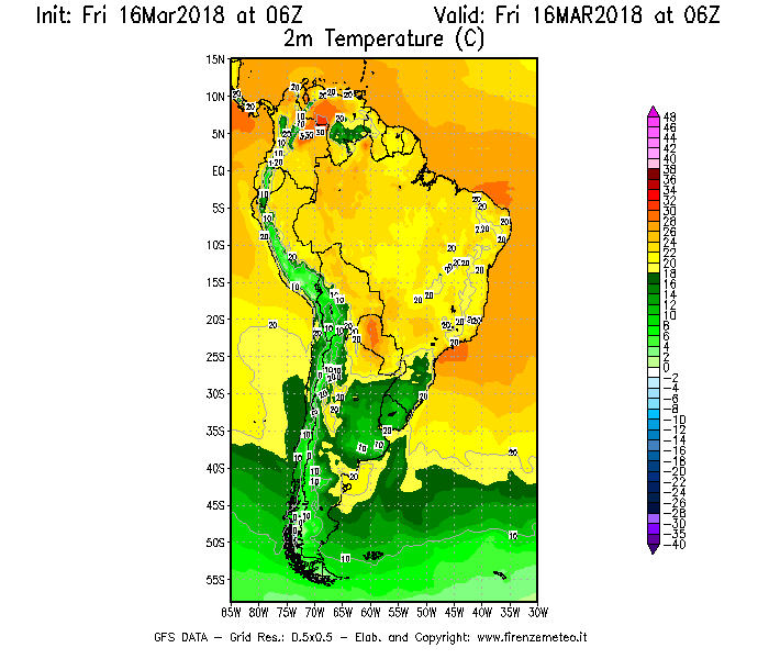 Mappa di analisi GFS - Temperatura a 2 metri dal suolo [°C] in Sud-America
									del 16/03/2018 06 <!--googleoff: index-->UTC<!--googleon: index-->