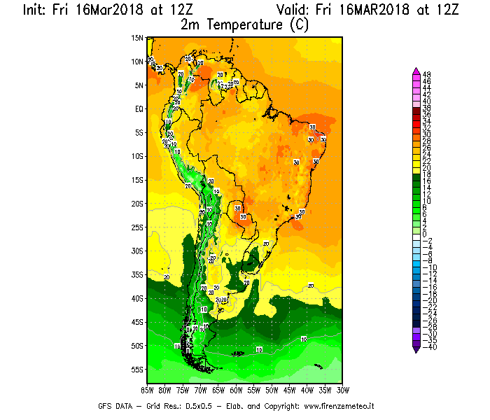 Mappa di analisi GFS - Temperatura a 2 metri dal suolo [°C] in Sud-America
									del 16/03/2018 12 <!--googleoff: index-->UTC<!--googleon: index-->