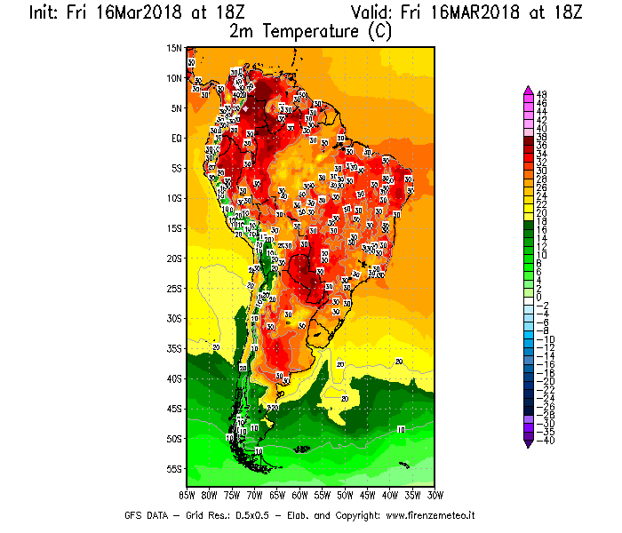 Mappa di analisi GFS - Temperatura a 2 metri dal suolo [°C] in Sud-America
									del 16/03/2018 18 <!--googleoff: index-->UTC<!--googleon: index-->