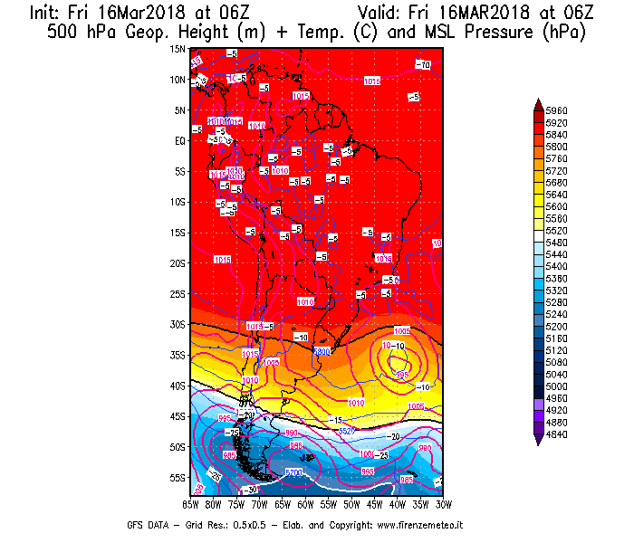 Mappa di analisi GFS - Geopotenziale [m] + Temp. [°C] a 500 hPa + Press. a livello del mare [hPa] in Sud-America
									del 16/03/2018 06 <!--googleoff: index-->UTC<!--googleon: index-->