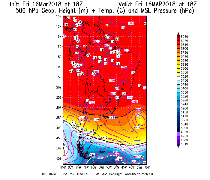 Mappa di analisi GFS - Geopotenziale [m] + Temp. [°C] a 500 hPa + Press. a livello del mare [hPa] in Sud-America
									del 16/03/2018 18 <!--googleoff: index-->UTC<!--googleon: index-->
