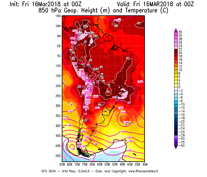 Mappa di analisi GFS - Geopotenziale [m] e Temperatura [°C] a 850 hPa in Sud-America
									del 16/03/2018 00 <!--googleoff: index-->UTC<!--googleon: index-->