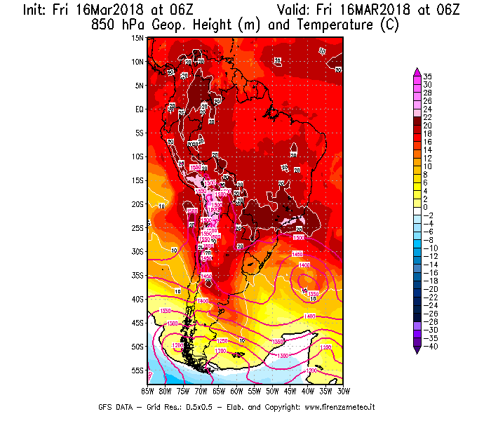 Mappa di analisi GFS - Geopotenziale [m] e Temperatura [°C] a 850 hPa in Sud-America
									del 16/03/2018 06 <!--googleoff: index-->UTC<!--googleon: index-->