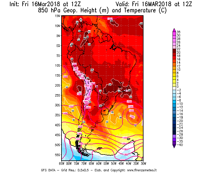 Mappa di analisi GFS - Geopotenziale [m] e Temperatura [°C] a 850 hPa in Sud-America
									del 16/03/2018 12 <!--googleoff: index-->UTC<!--googleon: index-->