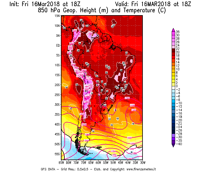 Mappa di analisi GFS - Geopotenziale [m] e Temperatura [°C] a 850 hPa in Sud-America
									del 16/03/2018 18 <!--googleoff: index-->UTC<!--googleon: index-->