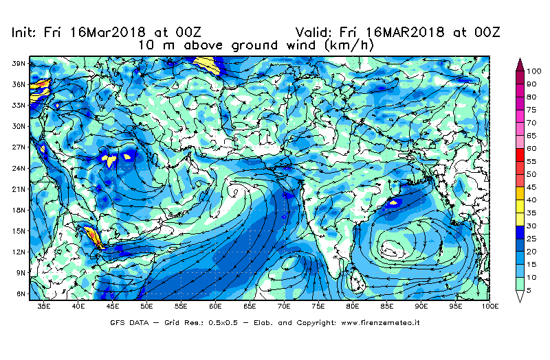 Mappa di analisi GFS - Velocità del vento a 10 metri dal suolo [km/h] in Asia Sud-Occidentale
									del 16/03/2018 00 <!--googleoff: index-->UTC<!--googleon: index-->